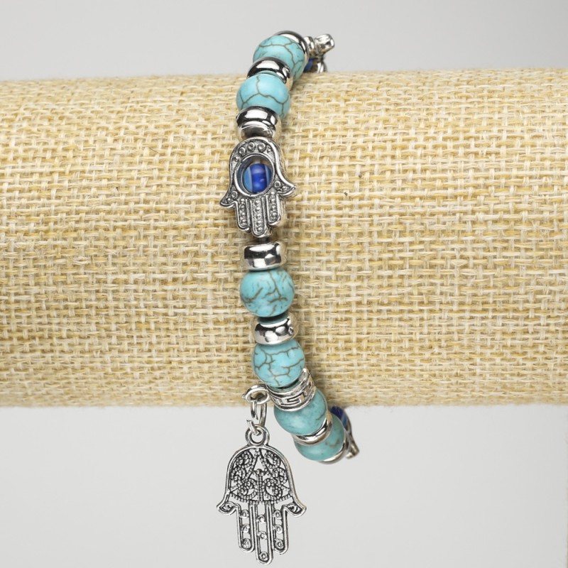 Turquoise Bracelet (Imitation) on Elastic Cord, Diameter 8mm+/- with Silver-Tone Palm-Shaped Inserts and Charms, Length 18cm+