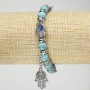 Turquoise Bracelet (Imitation) on Elastic Cord, Diameter 8mm+/- with Silver-Tone Palm-Shaped Inserts and Charms, Length 18cm+