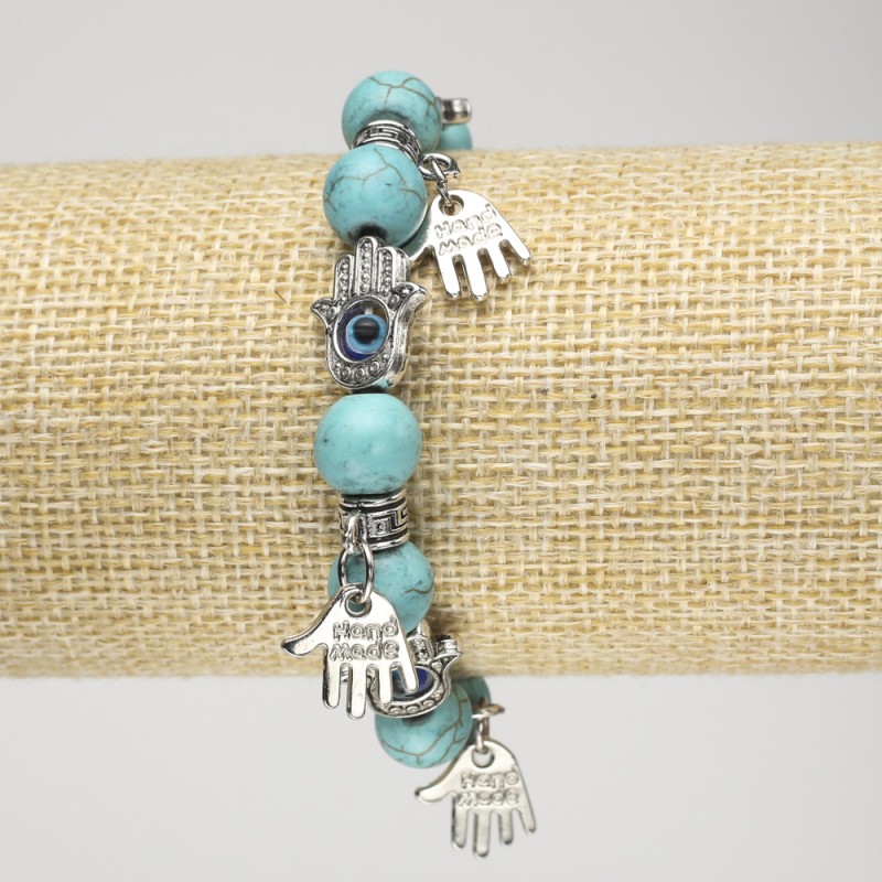Turquoise Bracelet (Imitation) on Elastic Cord, Diameter 10mm+/- with Silver-Tone Palm-Shaped Inserts and Charms, Length 18cm+