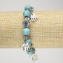 Turquoise Bracelet (Imitation) on Elastic Cord, Diameter 10mm+/- with Silver-Tone Palm-Shaped Inserts and Charms, Length 18cm+