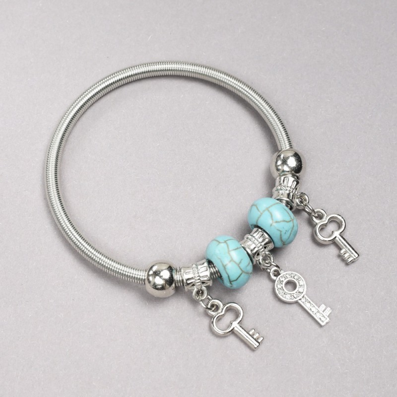 Pandora-Style Bracelet with Turquoise Beads (Imitation), Diameter 14x8mm+/- and Key Charms with White Rhinestones