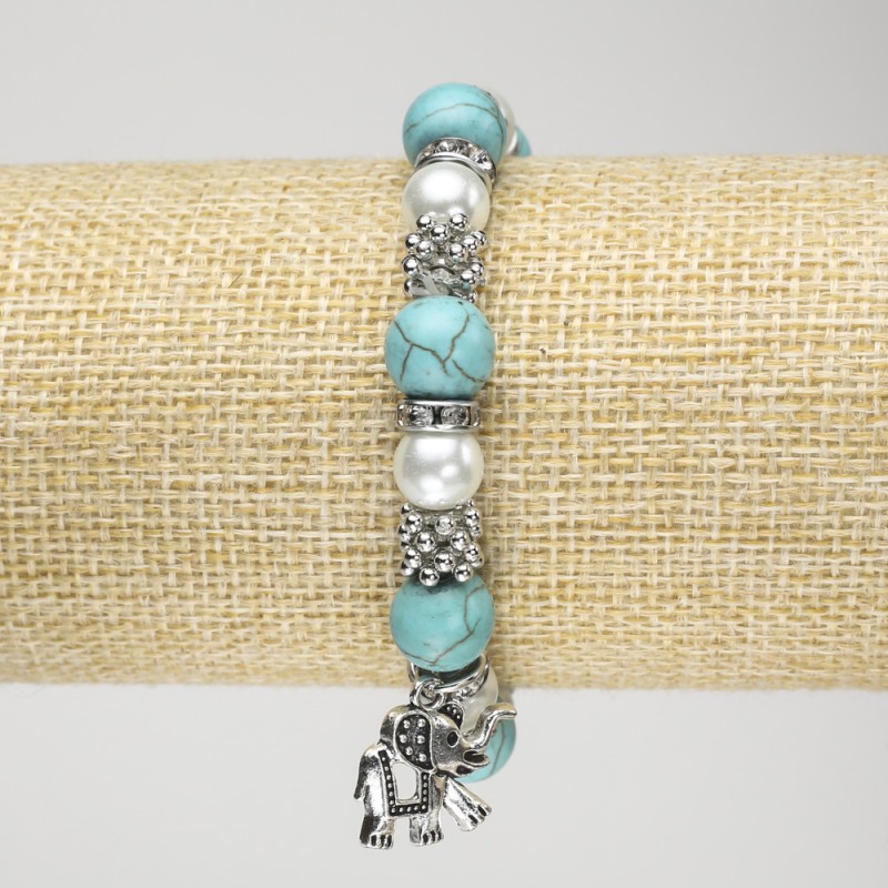 Turquoise Bracelet (Imitation) on Elastic Cord, Diameter 10mm+/- with Faux Pearls, Silver-Tone Inserts and Elephant Charm, Length 18cm+