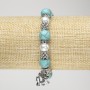 Turquoise Bracelet (Imitation) on Elastic Cord, Diameter 10mm+/- with Faux Pearls, Silver-Tone Inserts and Elephant Charm, Length 18cm+