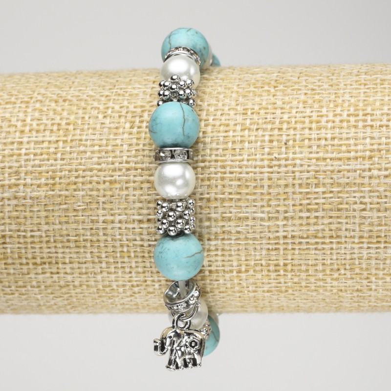 Turquoise Bracelet (Imitation) on Elastic Cord, Diameter 10mm+/- with Faux Pearls, Silver-Tone Inserts and Elephant Charm, Length 18cm+