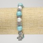 Turquoise Bracelet (Imitation) on Elastic Cord, Diameter 10mm+/- with Faux Pearls, Silver-Tone Inserts and Elephant Charm, Length 18cm+