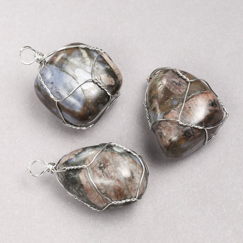 Pendant in Silver-Tone Wire Wrap with Natural Jasper, 35x20mm+ Diameter