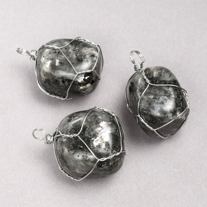 Larvikite Pendant in Silver-Tone Wire Wrap, 35x20mm+ Diameter