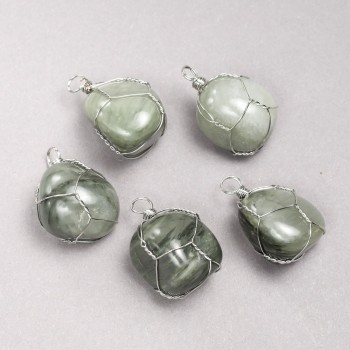 Pendant in Silver-Tone Wire Wrap with Natural Seraphinite Stone, 35x20mm+ Diameter
