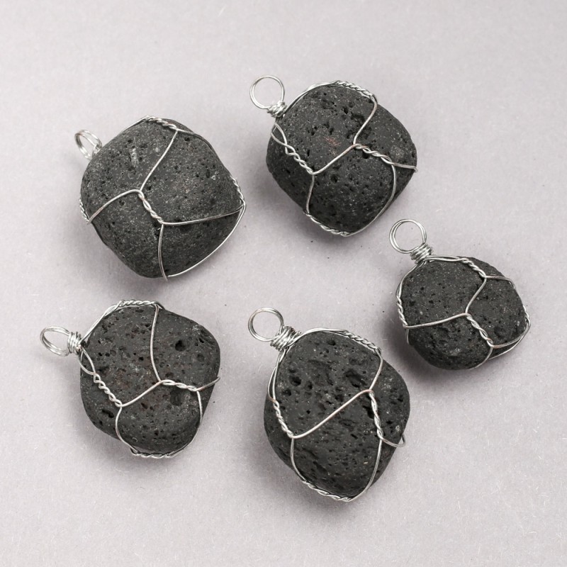 Pendant in Silver-Tone Wire Wrap with Natural Lava Stone, 35x20mm+ Diameter