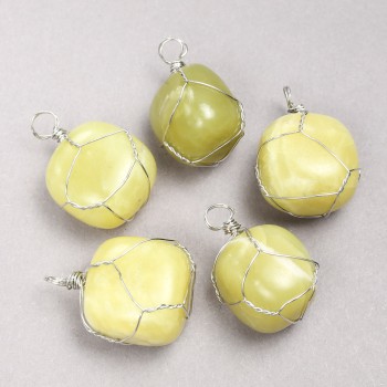 Pendant in Silver-Tone Wire Wrap with Natural Jadeite Stone, 35x20mm+ Diameter