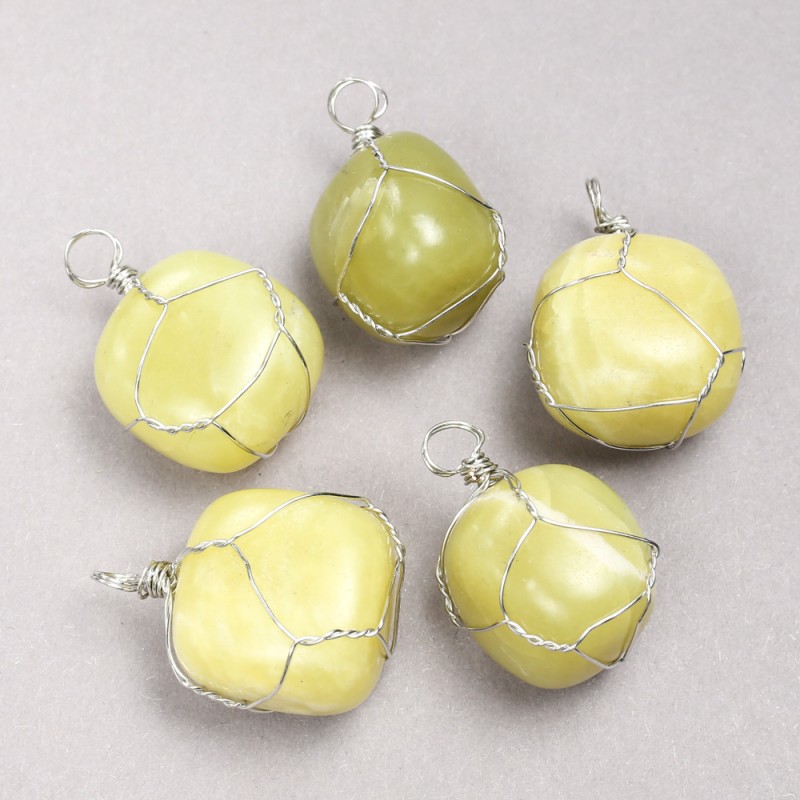 Pendant in Silver-Tone Wire Wrap with Natural Jadeite Stone, 35x20mm+ Diameter