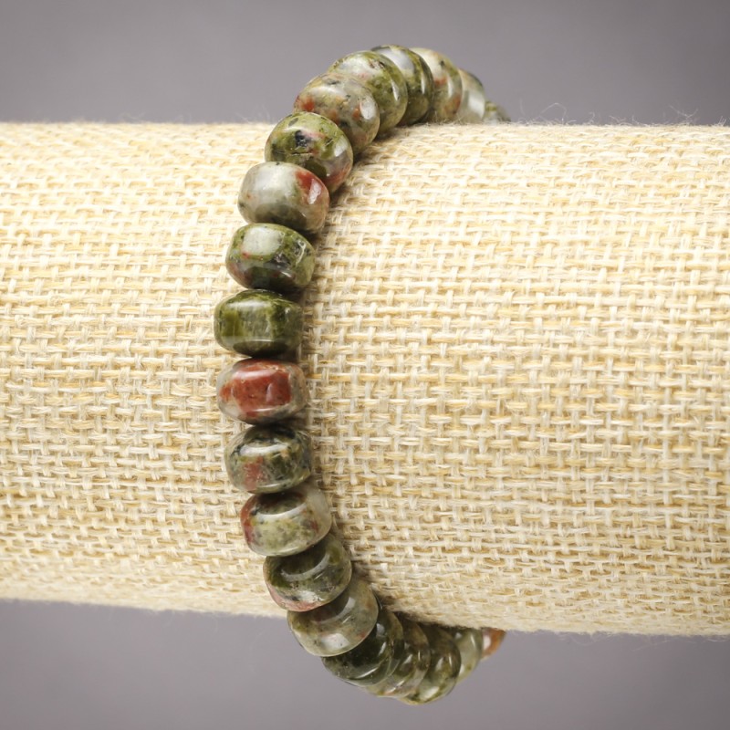 Natural Stone Bracelet on Elastic Band Jasper Heliotrope Unakite Smooth Rondelle, Diameter 9x7mm+