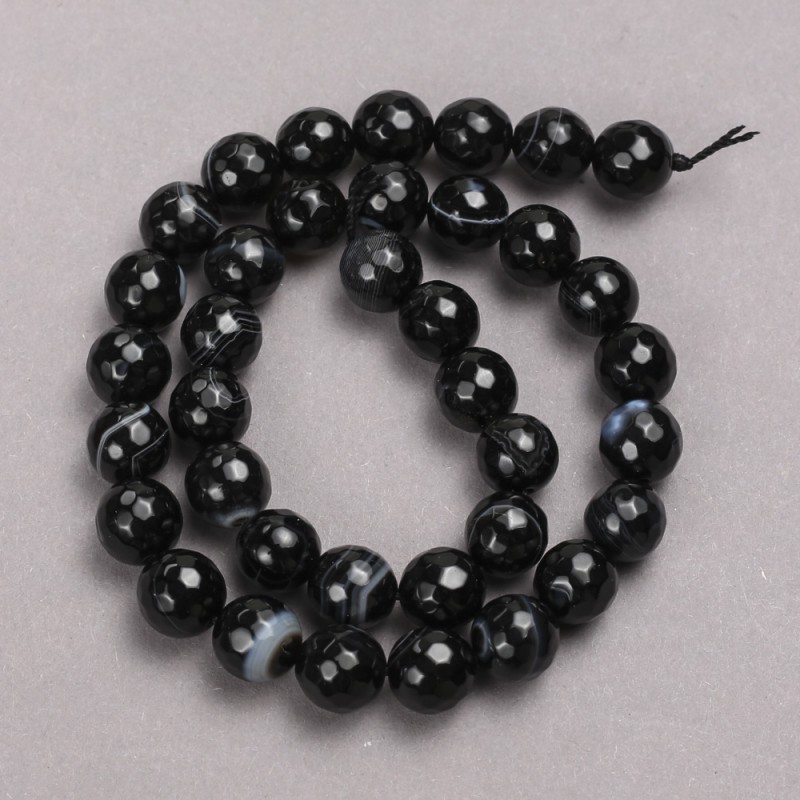 Black Agate Beads on a Strand, Faceted Round, Diameter 10mm +/-, Length 38cm +