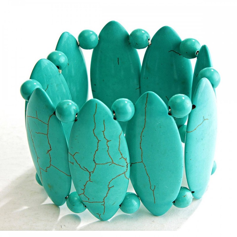 Green Turquoise Bracelet with Veining, Wide, Large Oval and Small Round Stones, on Elastic Band