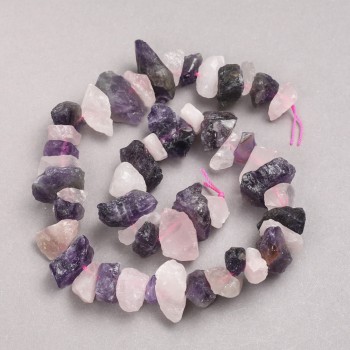 Rose Quartz and Amethyst Raw Stone Beads on a Strand, Tumbled, Diameter 12x20mm+-, Length 42cm+