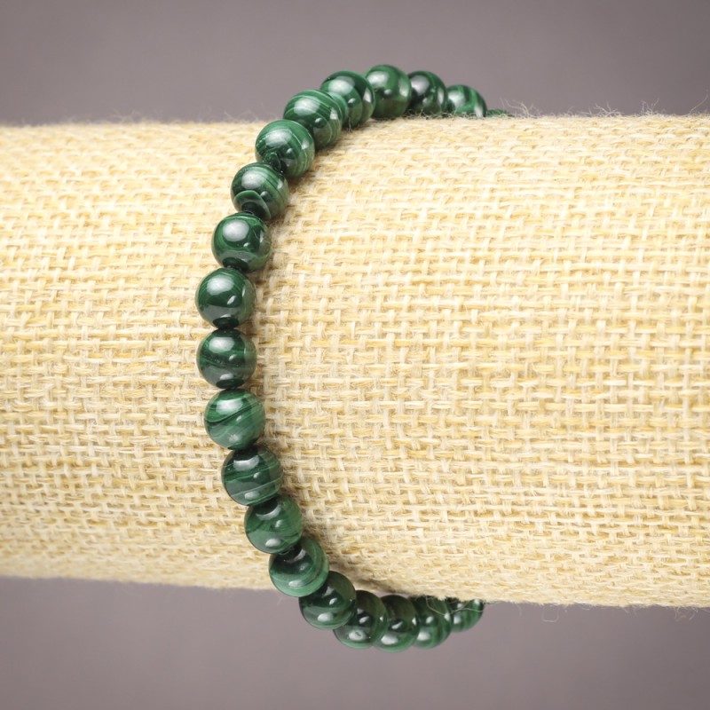 Natural Stone Bracelet on Elastic Band Malachite Smooth Round Bead, 6mm+ Diameter