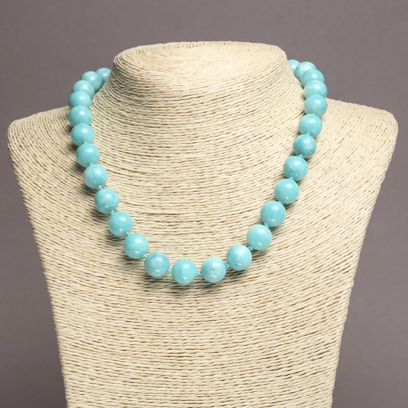 Aquamarine Natural Stone Necklace, Smooth Round Beads, 12mm+/- Diameter, 45cm+ Length