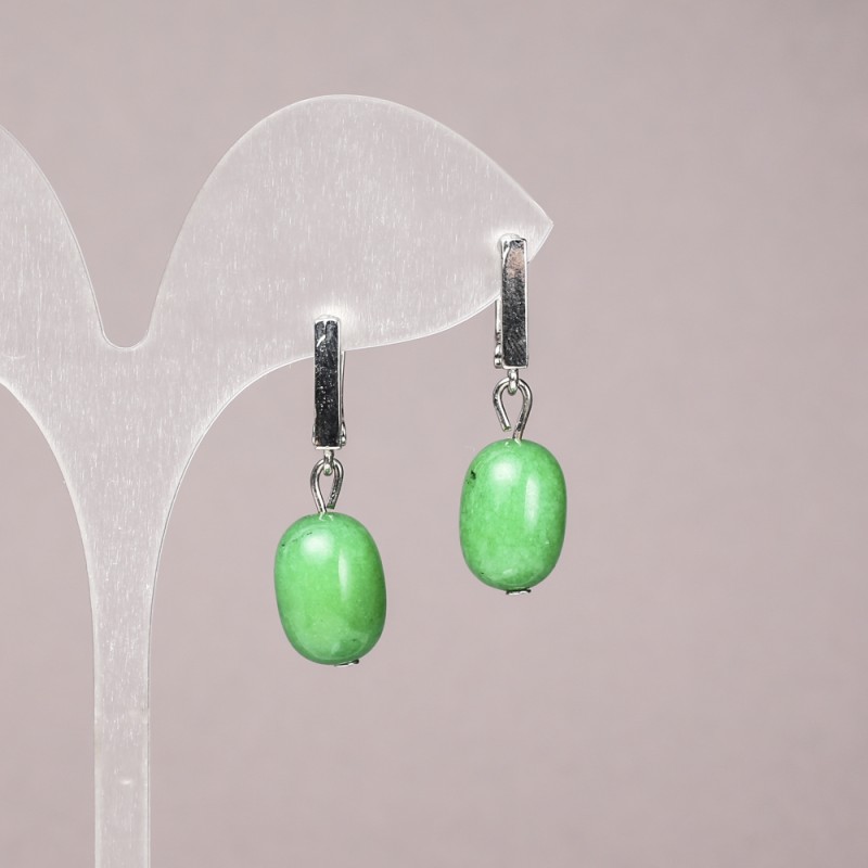 Chrysoprase Natural Stone Earrings, Smooth Barrel Beads, 10x14mm+/- Diameter, 32mm+ Length