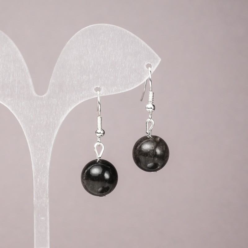 Silver Obsidian Earrings, Smooth Round Beads, 12mm+/- Diameter, 33mm+ Length