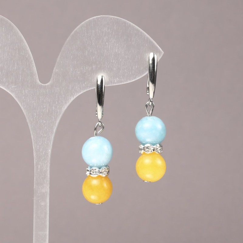 Earrings with Natural Aquamarine and Citrine Stone and White Rhinestones, Diameter 10mm+/-, Length 43mm+