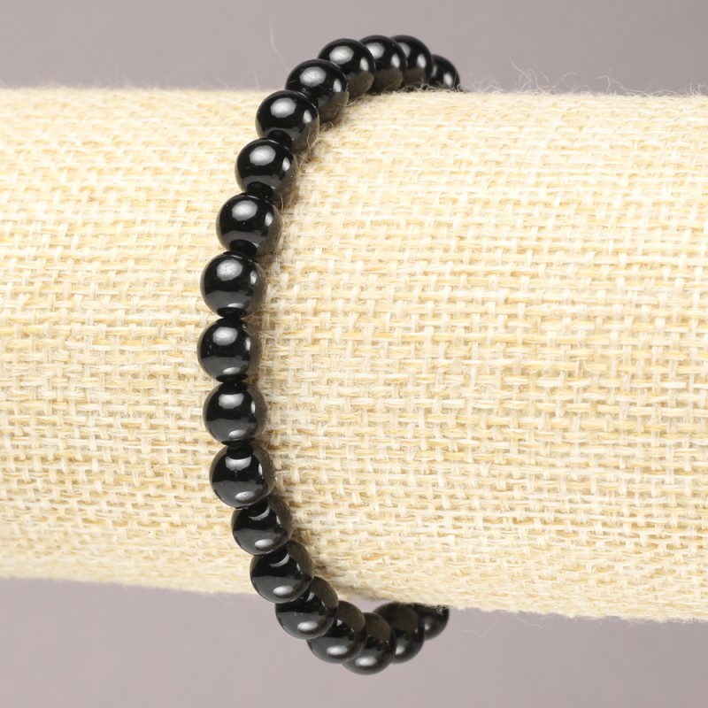 Stretch Bracelet with Natural Black Tourmaline Stone, Smooth Round Beads, 6mm+