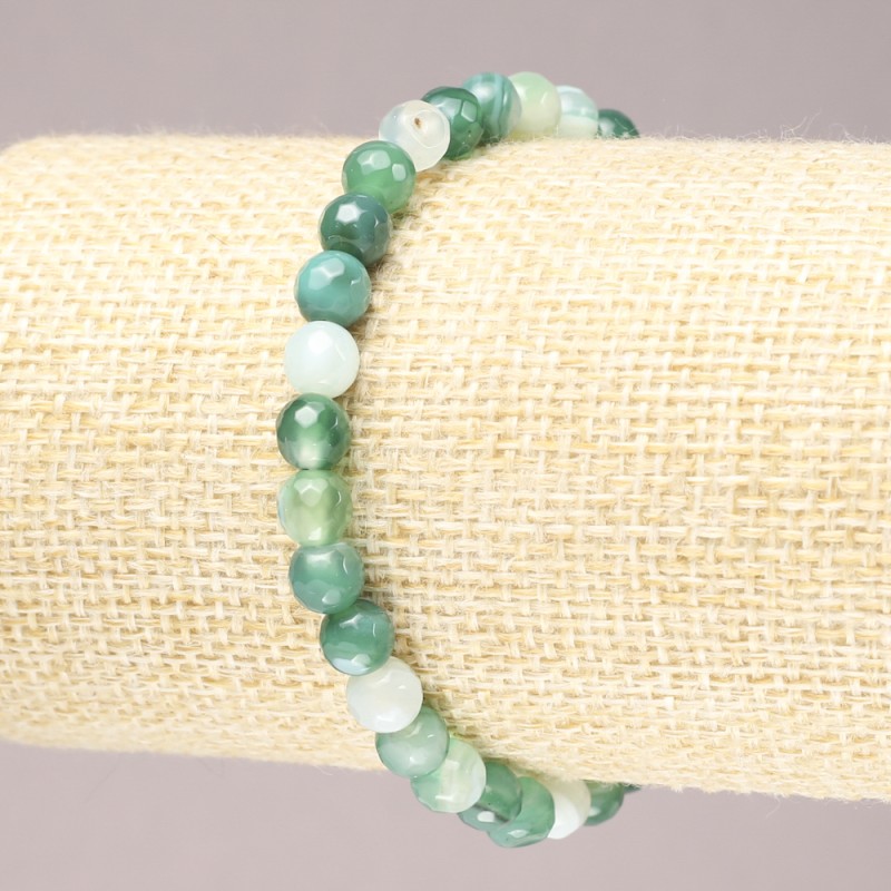 Stretch Bracelet with Green Agate Stone, Faceted Round Beads, 6mm+