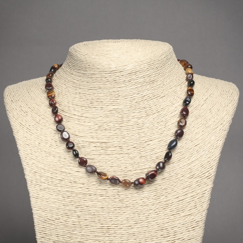 Natural Stone Necklace Bull's Eye, Hawk's Eye, Tiger's Eye Tumbled Beads, Diameter 6x8mm+-, Length 45cm+