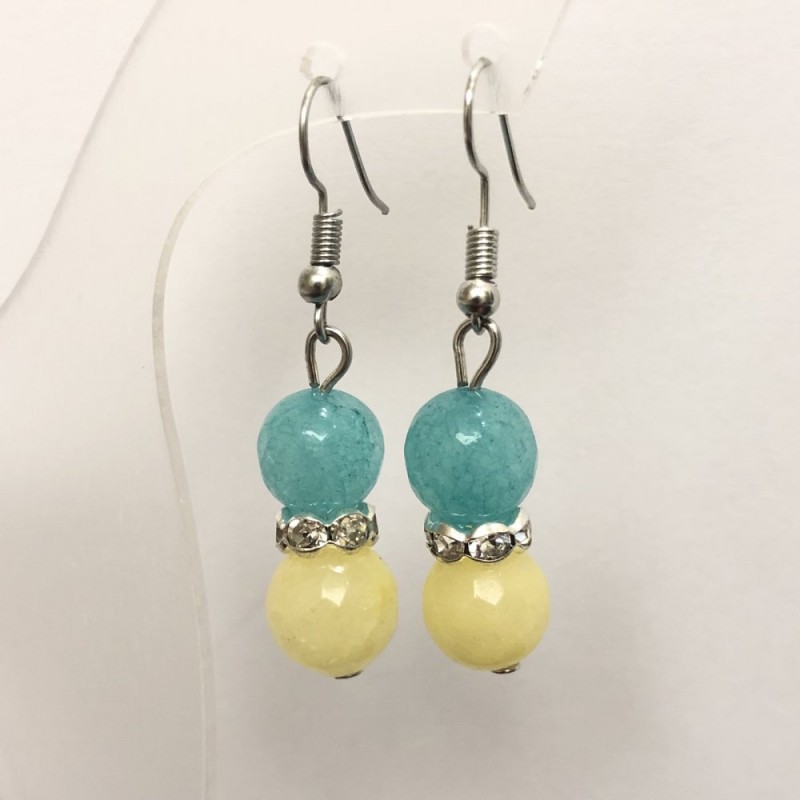 Earrings made of natural Aquamarine and Citrine with white rhinestones, faceted round beads, diameter 10mm+/-, length 46mm+