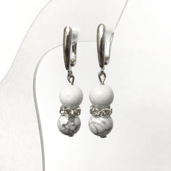 Earrings made of natural Cacholong, smooth round beads, diameter 8mm+/- with white rhinestones, length 40mm+