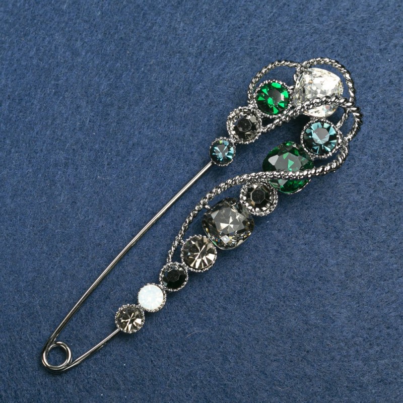 Pin Brooch, silver-tone metal, white, green, and gray rhinestones, 90x17mm+