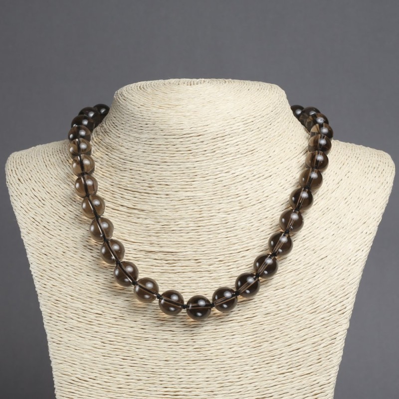 Necklace made of natural Smoky Quartz, smooth round beads, diameter 12mm+/-, length 45cm+