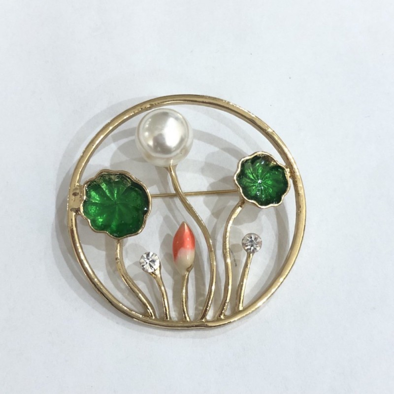 Sale! Plant Brooch with Enamel, White Rhinestones and a Bead, Gold-Tone Metal, 47mm+