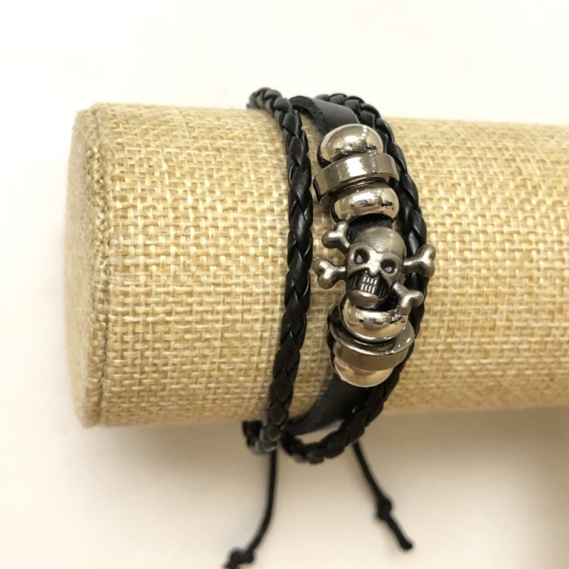 Eco-Leather Bracelet Skull Adjustable, Length 18-24cm Black