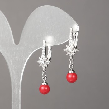 Earrings Xuping Rhodium with white crystals and red bead 32×10 mm +