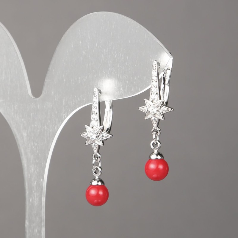 Earrings Xuping Rhodium with white crystals and red bead 32×10 mm +