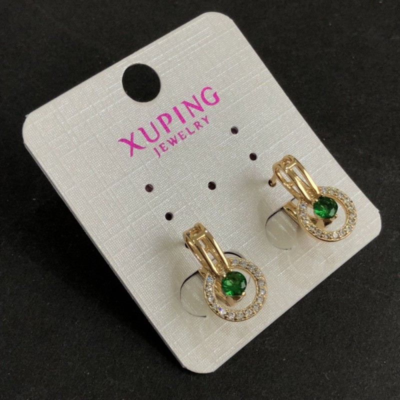 Xuping Earrings, 18K Gold Plated, with Green Stones and White Rhinestones, 17x10mm