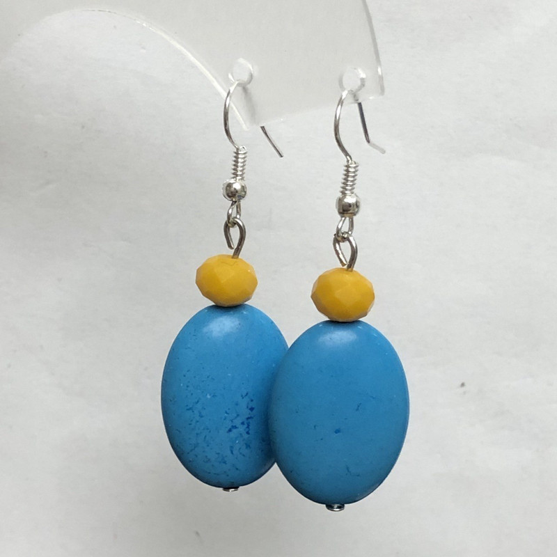 Blue Turquoise Earrings, Oval 18x25mm+-, and Glass Rondelle 8x6mm+-, Length 50mm+