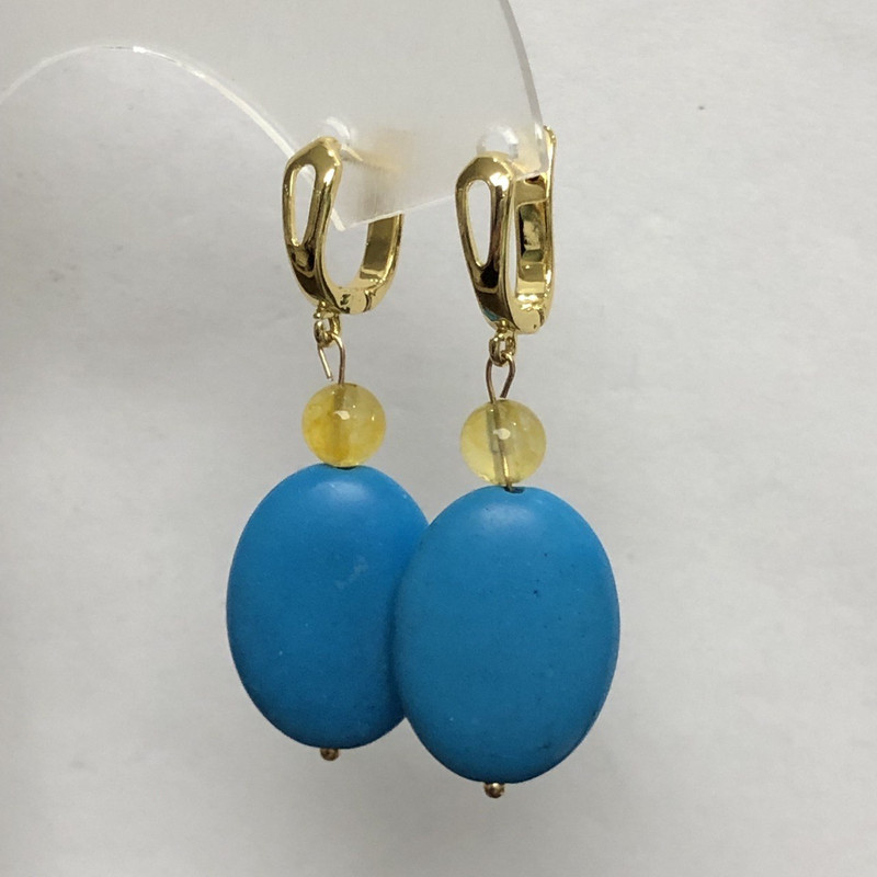 Earrings blue Turquoise (single-piece) oval 18x25mm+- and smooth Citrine bead 8mm+-, length 50mm+-
