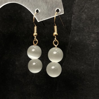 White Cat's Eye Natural Stone Earrings, 10mm+- Diameter, 42mm+ Length