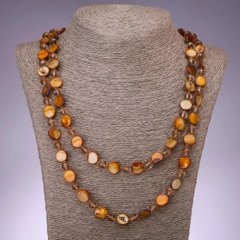 Natural Mother-of-Pearl Coin and Golden Czech Crystal Necklace, 11mm 8mm Diameter, 120cm Length
