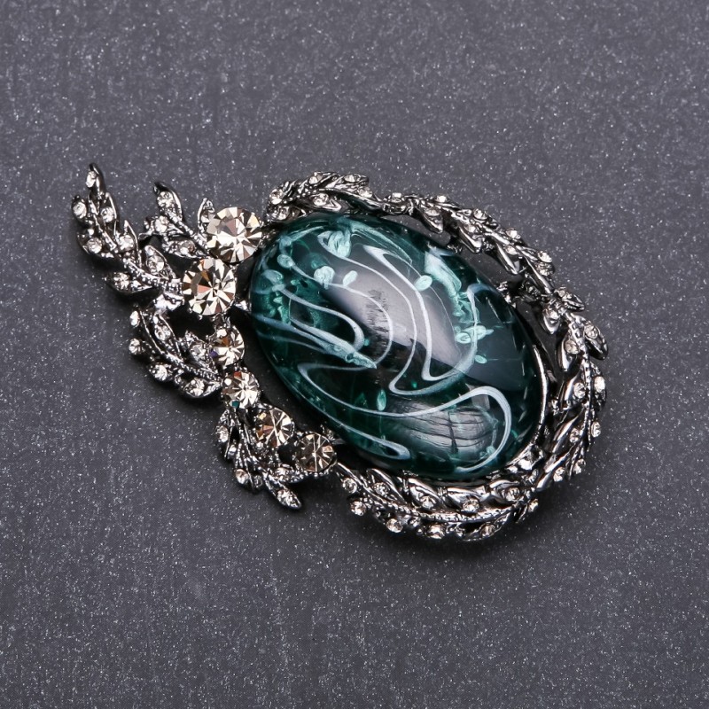 Sale! Brooch with gray rhinestones and emerald cabochon 64x38mm gray metal