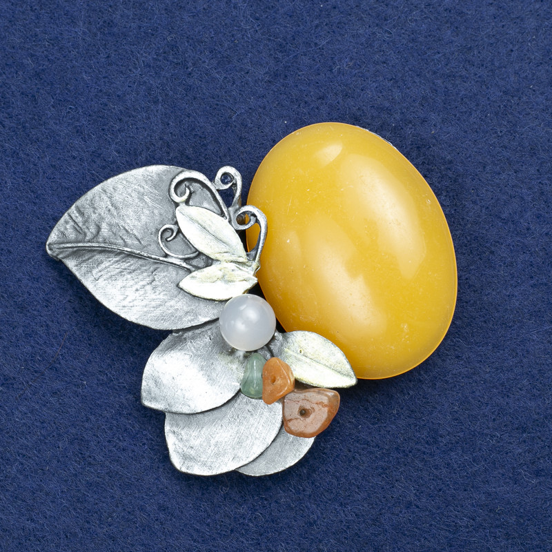 Sale! Brooch Twig with Amber (and stones) silver metal 60x50mm +