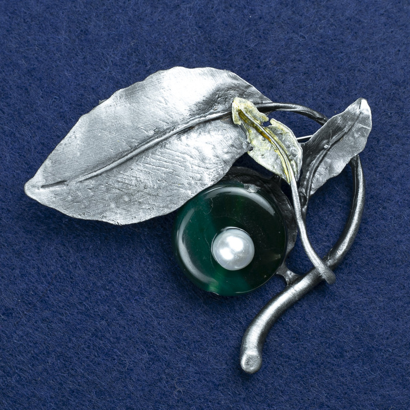 Sale! Brooch 'Branch' with Chrysoprase and Beadwork in Silvery Metal 60x67mm +