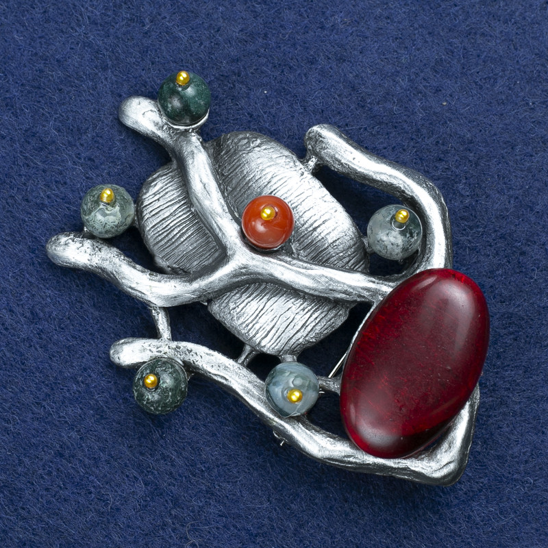 Sale! Brooch Branch with Carnelian and Assorted Stones, silver metal 61x42mm +