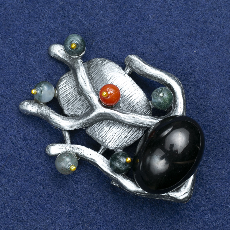 Sale! Sprig Brooch with AGATE and assorted stones in silver metal 61x42mm +