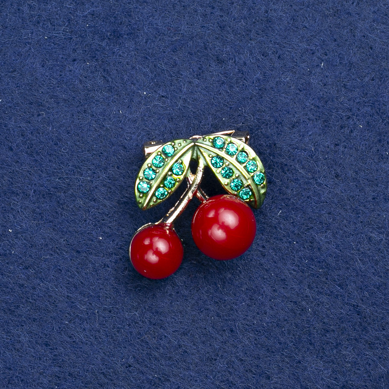 Sale! Pin 'Cherries' golden metal, enamel and rhinestones 22x20mm +
