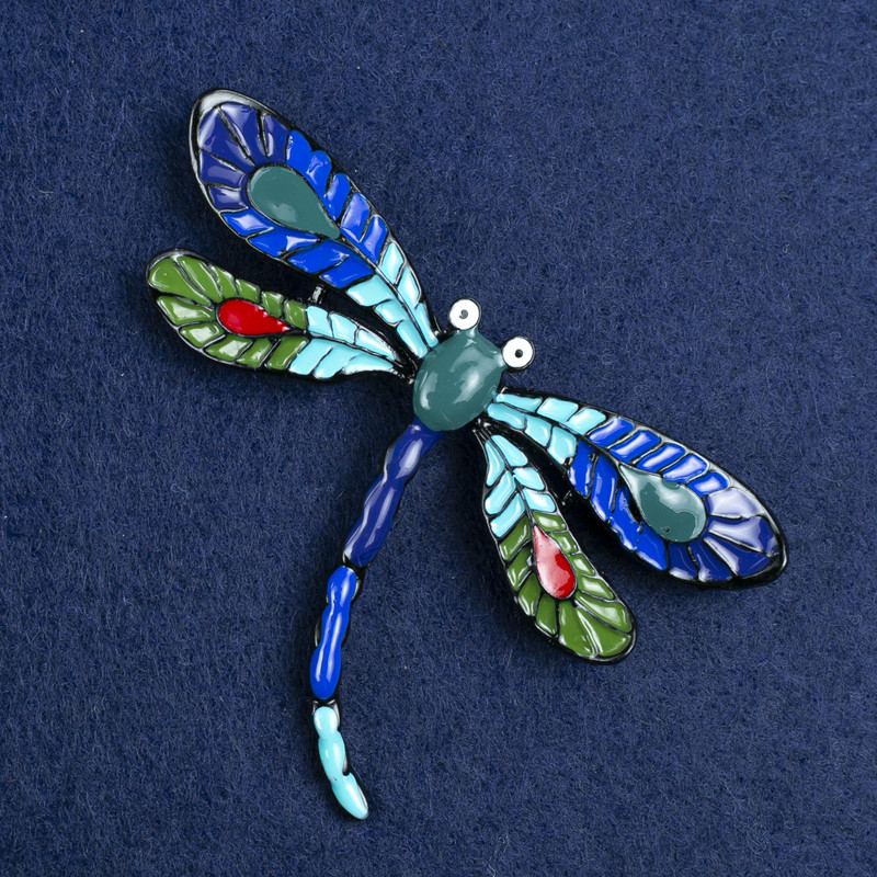 Sale! Dragonfly Brooch, Silver-Tone Metal and Enamel, 70x50mm +