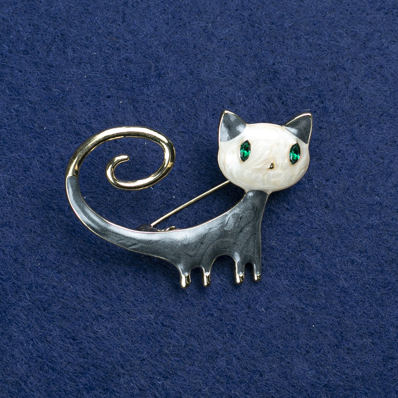 Sale! Cat-shaped Brooch in Golden Metal with Enamel and Rhinestones 44x32mm +