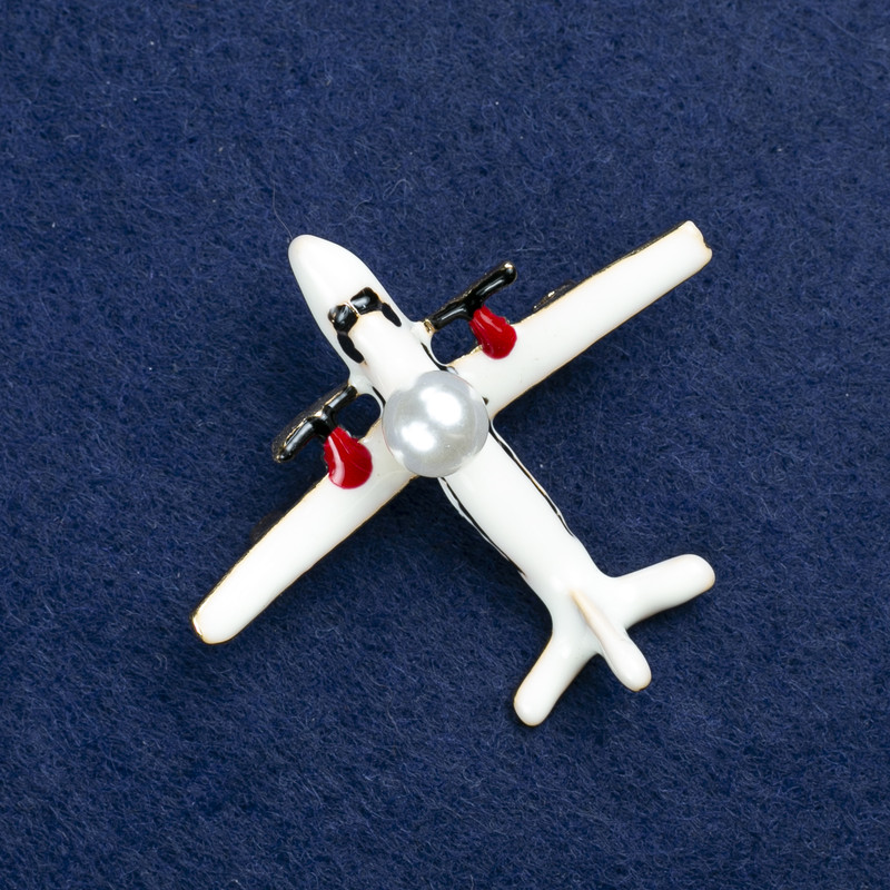 Brooch Airplane Golden Metal, Enamel and Bead 50x40mm +
