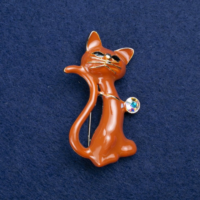 Sale! Cat Brooch in Golden Metal, Enamel and Crystal 50x30mm +